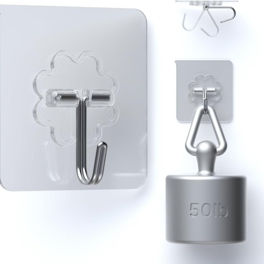24 Packs Hooks for Hanging 50lb Wall Hooks Transparent Reusable Waterproof Adhes